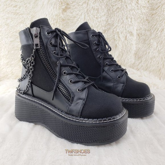 Emily Black Canvas Chain Goth 2" Platform Ankle Boots 114x - Picture 12 of 16